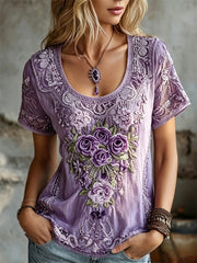 Damen-Kurzarm-T-Shirt mit Blumen spitze und Kunstdruck aus Leinen