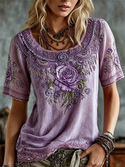 Damen-Klassisches T-Shirt aus Leinen mit lila Rosen und floralem Spitzenmotiv – Kunstdruck, Kurzarm