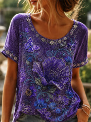 Kurzarm-T-Shirt aus Leinen mit Blumen druck für Damen