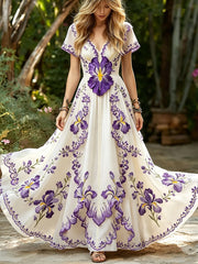 Damen Edles lila Iris Boho Print Flowy Maxi Kleid