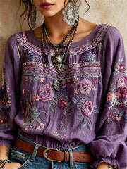 Damen Boho Lila Blumen-Kunstdruck Baumwoll-Leinen-Hemd