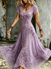 Damen Edles lila Rosen Spitze Kunstdruck Flowy Maxi Kleid