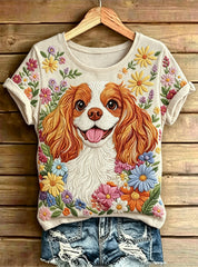 Damen-Adorables T-Shirt mit Hunde-Print im Vintage-Stil, locker geschnitten, kurze Ärmel