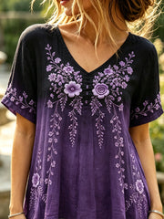 Kurzärmliges Damen-T-Shirt mit Blumen druck aus Leinen