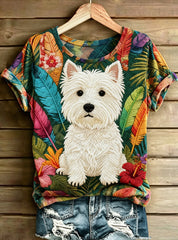 Damen-Adorables T-Shirt mit Hunde-Print im Vintage-Stil, locker geschnitten, kurze Ärmel