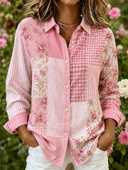 Damenhemd aus Baumwoll-Leinen mit pinkfarbenem Blumen-Patchwork-Design