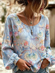 Damen-Top aus Baumwolle-Leinen im Vintage-Look mit floraler Kunstprint-Optik