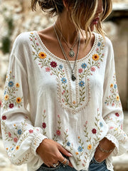 Damen-Top aus Baumwolle-Leinen im Vintage-Look mit floraler Kunstprint-Optik