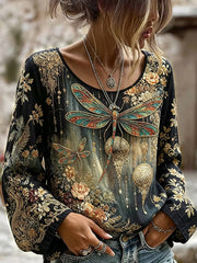 Damen-Top aus Baumwolle-Leinen im Vintage-Look mit floraler Kunstprint-Optik