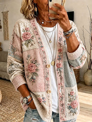 Damen-Strickjacke mit Blumenmuster zum Thema Brustkrebsprävention, lässiger Stil