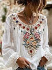 Damen-Top aus Baumwolle-Leinen im Vintage-Look mit floraler Kunstprint-Optik
