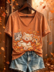 Damen-T-Shirt mit Katzen- und Herbstlaub-Muster, lässig, kurzärmlig