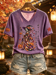 Damen Japanische Skelett Hexe Halloween Kimono Kunstdruck Kurzarm T-Shirt