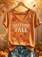 Frauen-Herbst-T-Shirt mit Muster, lässig, kurzärmelig und bedruckt