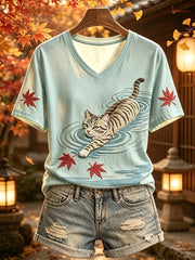 Damen Vintage Japanische Katze Herbst Kunstdruck Kurzarm T-Shirt