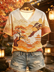 Damen Vintage Japanische Herbst Landschaft Kunst Druck Kurzarm T-Shirt