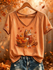Damen Katzen-und Laub muster bedrucktes lässiges Kurzarm-T-Shirt