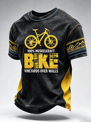 Herren-T-Shirt in Schwarz mit deutschem Fahrrad-Motiv im Patchwork-Style, lässig geschnitten