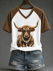Damen-Western-Glam-Langhorn-Print-Lässiges T-Shirt