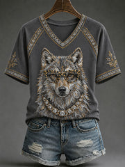 Damen-Western-Glam-T-Shirt mit Wolfsdruck, lässig