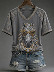 Damen-Glamour-T-Shirt mit Pferdeprint – lässig und modisch