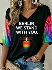 Damen-T-Shirt Berlin Wir stehen zu euch mit mittellangen Ärmeln und V-Ausschnitt