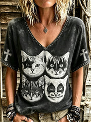 Rockband für Frauen – T-Shirt mit Katzen-Rock-Style-Print und kurzen Ärmeln
