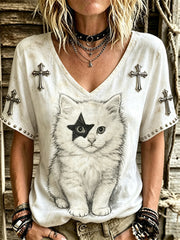 Rockband für Frauen – T-Shirt mit Katzen-Rock-Style-Print und kurzen Ärmeln