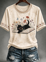 Damen-T-Shirt mit niedlichem Katzen-Print und kurzen Ärmeln