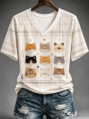 Damen-T-Shirt mit niedlichem Katzen-Print und kurzen Ärmeln