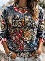 Damen-T-Shirt mit Denim-Print und langen Ärmeln, inspiriert vom österreichischen Nationalfeiertag