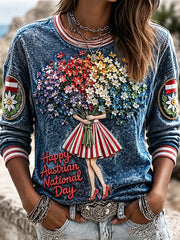 Damen-T-Shirt zum österreichischen Nationalfeiertag mit floralem Jeans-Optik-Print und langen Ärmeln – lässig und bequem