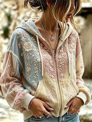 Damen-Kapuzenpullover in edler Optik mit Blumen- und Spitzen-Patchwork-Print und Reißverschluss
