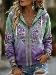 Damen-Vintage-Boho-Kapuzenpullover mit Blumenprint, Farbverlauf und durchgehendem Reißverschluss