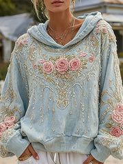 Damen-Kapuzenpullover im stilvollen Boho-Stil mit rosa Rosenmuster und kuscheliger Passform