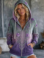 Damen-Vintage-Boho-Komfort-Kapuzenpullover mit Blumenprint und Farbverlauf, mit Reißverschluss