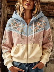 Boho-Damen-Kapuzenpullover mit Blumen- und Spitzen-Patchwork-Print und Reißverschluss
