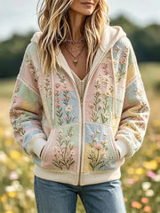 Damen-Vintage-Boho-Kapuzenpullover im Patchwork-Stil mit Blumen- und Spitzenmuster sowie Reißverschluss – kuschelig und gemütlich