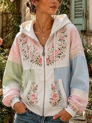 Frauen-Pink-Rose-und-Spitze-Farbblock-Patchwork-Print-Zip-Up-Kuschelhoodie