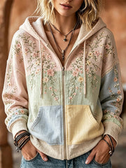Damen-Kapuzenpullover in edler Optik mit Blumen- und Spitzen-Patchwork-Print und Reißverschluss