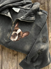 Damen-Sweatshirt mit Reißverschluss und aufgedruckten französischen Bulldoggen sowie Pfotenabdrücken