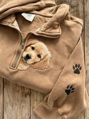 Damen-Sweatshirt mit Reißverschluss, goldener Golden-Retriever-Hund und Pfotenabdrücken