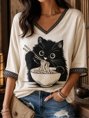 Damen-T-Shirt aus Leinen mit japanischer Katzen-Ramen-Kunst-Print
