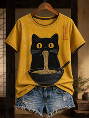 Damen-T-Shirt aus Leinen mit japanischer Katzen-Ramen-Kunst-Print