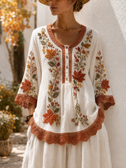 Damen-Herbst-Bluse im Vintage-Stil mit Knöpfen und A-Linie aus Leinen