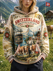 Damen-Vintage-Sweatshirt mit Kapuze und Festival-Print „Kühe kehren in die Berge zurück“ im Schweizer Alpenstil, lässig geschnitten