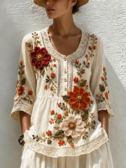 Damen-Herbst-Bluse im Vintage-Stil mit Knöpfen und A-Linie aus Leinen