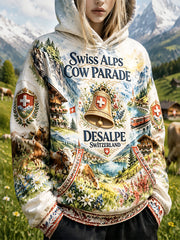 Damen-Sweatshirt mit Aufdruck zum Schweizer Alpen-Fest „Die Kühe kehren in die Berge zurück“ – lässig mit Kapuze