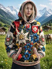 Damen-Kapuzenpullover mit Schweizer Flagge und floralem Patchwork-Print, lässig