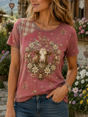 Damen-T-Shirt im österreichischen Landhausstil mit Kunstdruck und kurzen Ärmeln